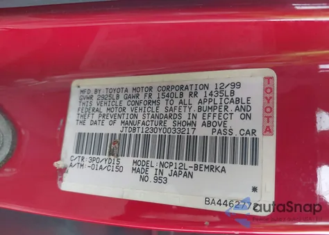 2000 Toyota Echo from USA, damaged, VIN JTDBT1230Y0033217